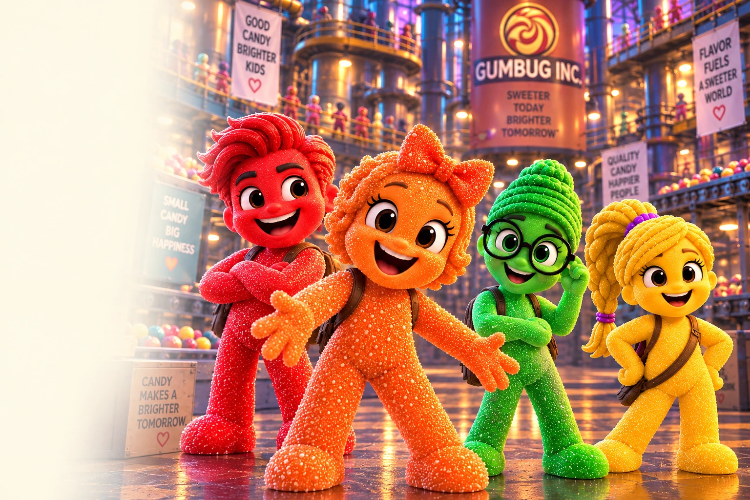 Tyke, Tangi, Cosmo with his swirled green hair and glasses, and Lorelei together inside Gumbug Inc.