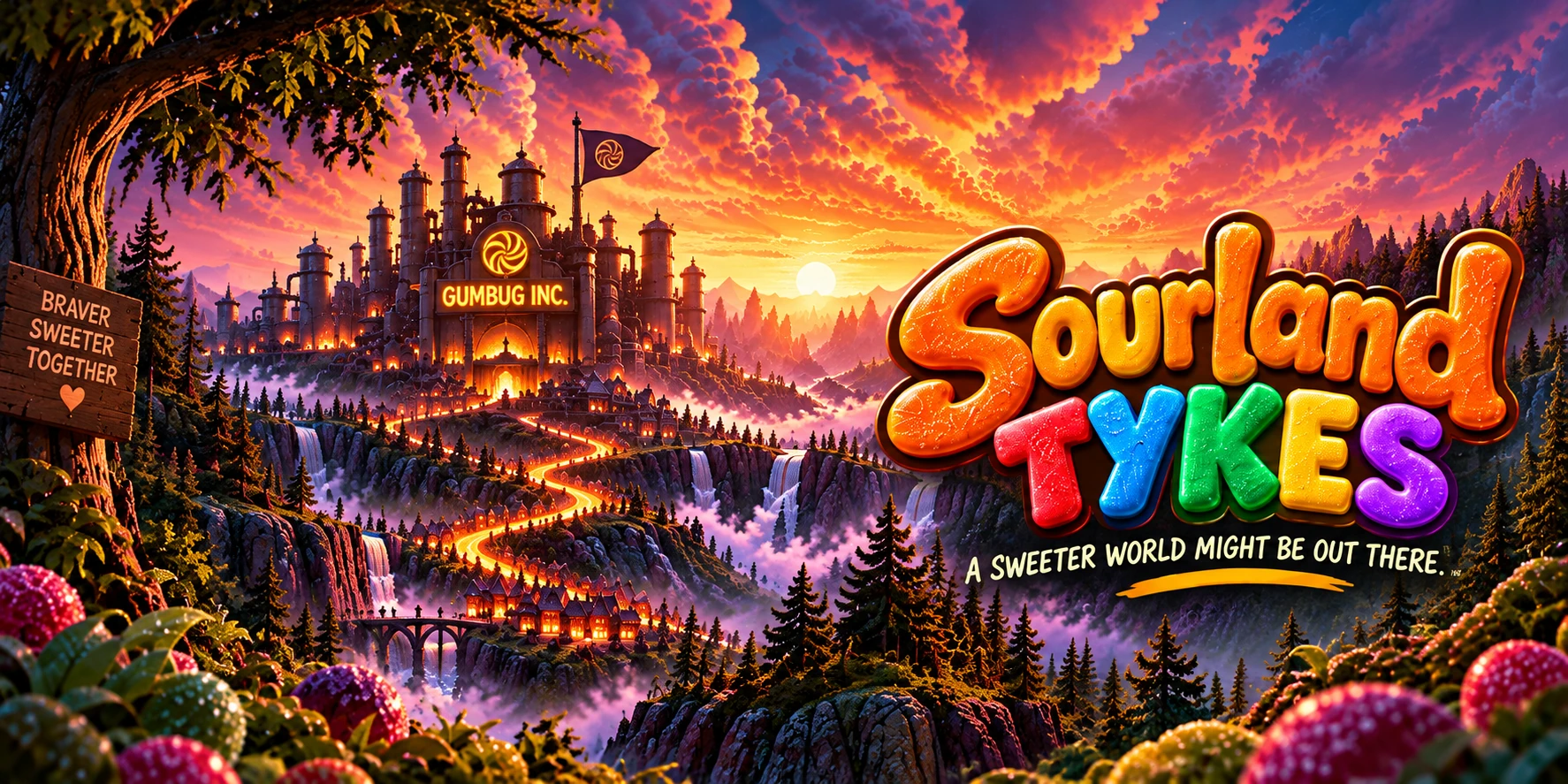Gumbug Inc. candy factory amid a spectacular sunset, beside the Sourland Tykes logo and the words A sweeter world might be out there.